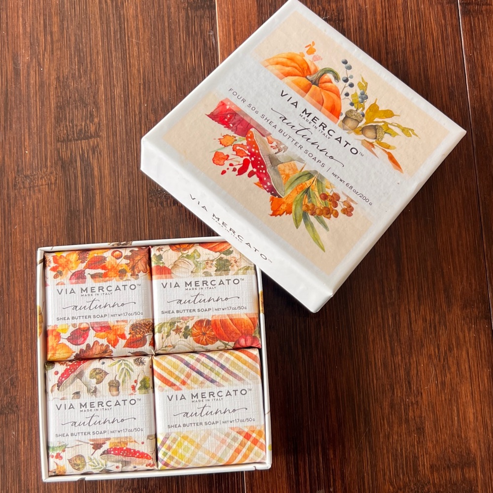 Via Mercato MADE IN ITALY 4 Shea Butter Soaps ~ Pumpkin, Cider, Caramel AUTUNNO